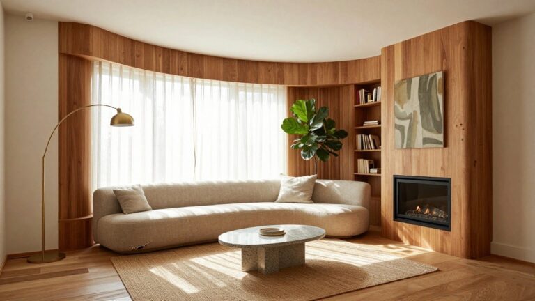 24 Artistic Curved Wood Architecture Ideas for Organic Modern Forms Light-filled living room with curved white ceiling, tall wooden bookshelves curving along walls beside a black fireplace, cream sofa, round terrazzo coffee table, large fiddle leaf fig plant near window with sheer curtains, and abstract green painting.