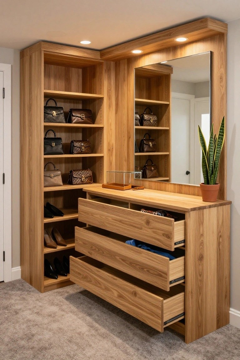 L-shaped oak wood built-in closet in a room corner with open shelves holding handbags and shoes, multiple open drawers, a central vanity top with mirror, and recessed lighting above.