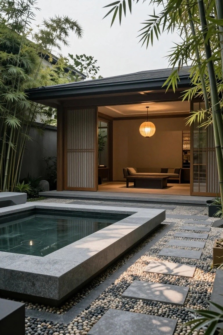 Japanese-style wooden pavilion with open shoji screens overlooking a rectangular stone-edged pool, bamboo plants, pebble ground cover, and stepping stone path in a courtyard garden.
