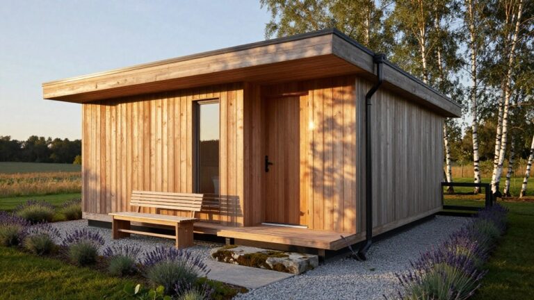 Timber-clad cabin exterior with vertical wood siding, front door with glass panel, small window, built-in wooden bench on elevated deck, stone pathway, lavender plants, and gravel edging in a garden setting.