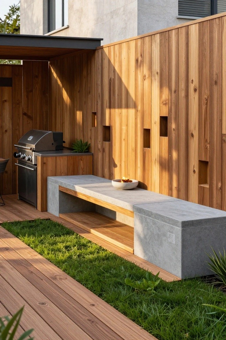 Outdoor patio with wooden fence featuring cutouts, built-in stainless steel BBQ grill in wooden cabinetry, concrete bench with wood understructure and small white bowl holding fire, wooden decking, and adjacent grass patch.