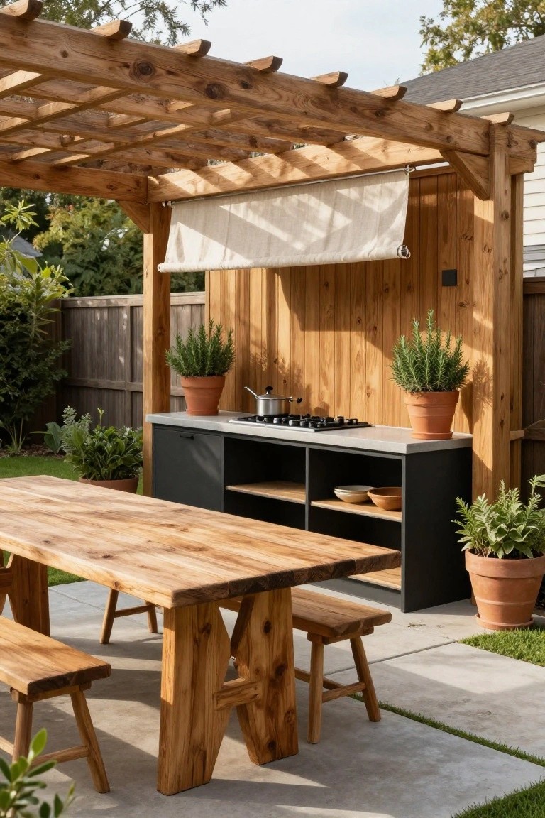 Wooden pergola with beige shade cloth covers a black outdoor kitchen counter with gas burners, pots, potted rosemary plants, open shelves holding bowls, wooden dining table with benches on concrete patio next to grass lawn and fence.