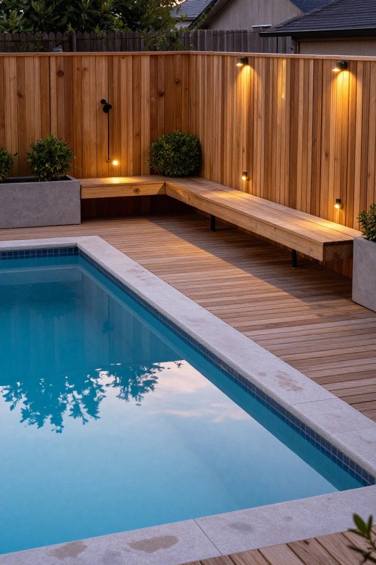 Backyard pool with blue tiled edges, wooden deck, L-shaped wooden bench against cedar fence with uplights and potted plants.