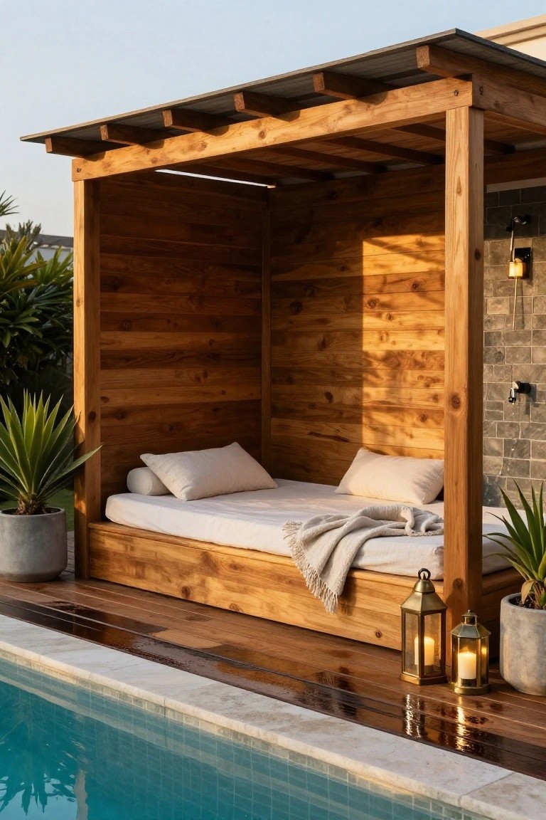 Wooden pergola structure with horizontal slats enclosing a cushioned daybed on a raised platform next to a turquoise swimming pool, with potted plants, lanterns, and a wooden deck.