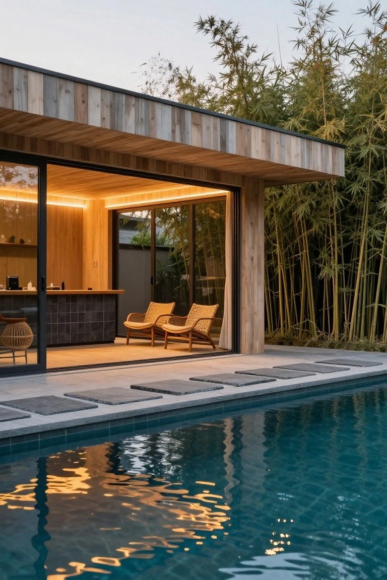 Wooden pavilion structure beside a turquoise pool with open sliding glass doors showing a bar counter and two woven chairs inside, surrounded by bamboo plants and stone deck steps.