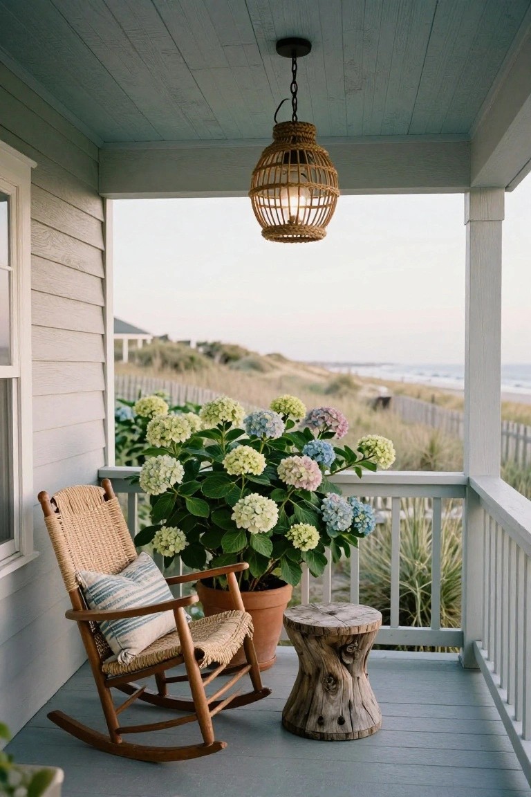 Wicker rocking chair with striped pillow and throw on a gray wood porch deck next to large potted blue and green hydrangea and tree stump stool, with rattan hanging lantern overhead and ocean dunes view through white railing.