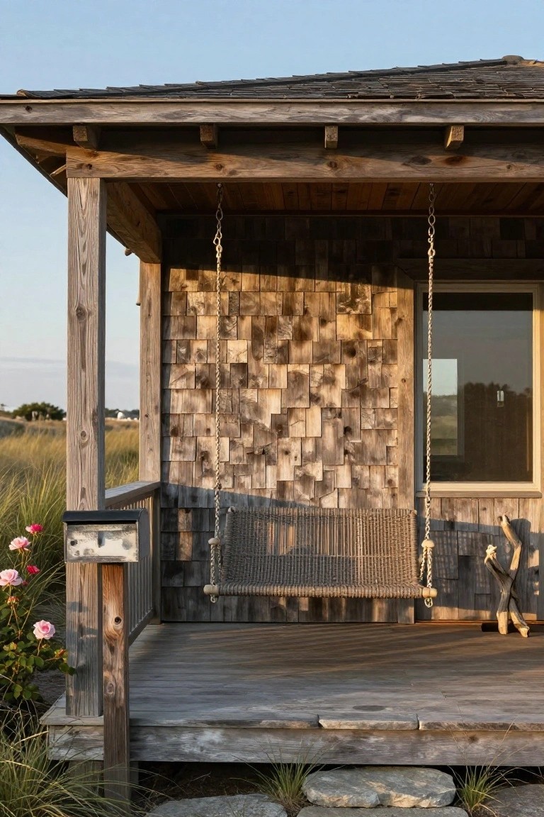 Shingled wooden cabin exterior with covered porch, gray woven hanging swing on chains, wooden deck, beach grass, pink flowers, and stone steps.