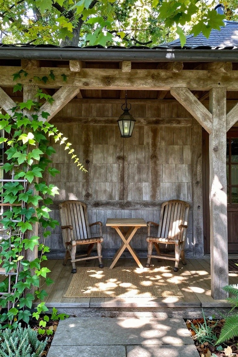 Rustic wooden pergola with exposed beams shelters two wooden ladderback chairs and a small folding table on a porch floor, ivy climbing the posts, trees overhead and plants around the stone path.