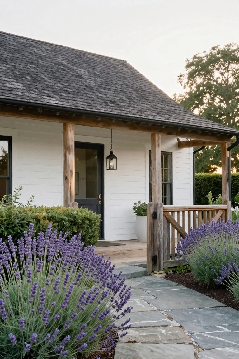White clapboard house exterior with covered porch supported by round timber posts, dark door, hanging lantern, wood gate, lavender bushes, boxwood hedge, and flagstone pathway.