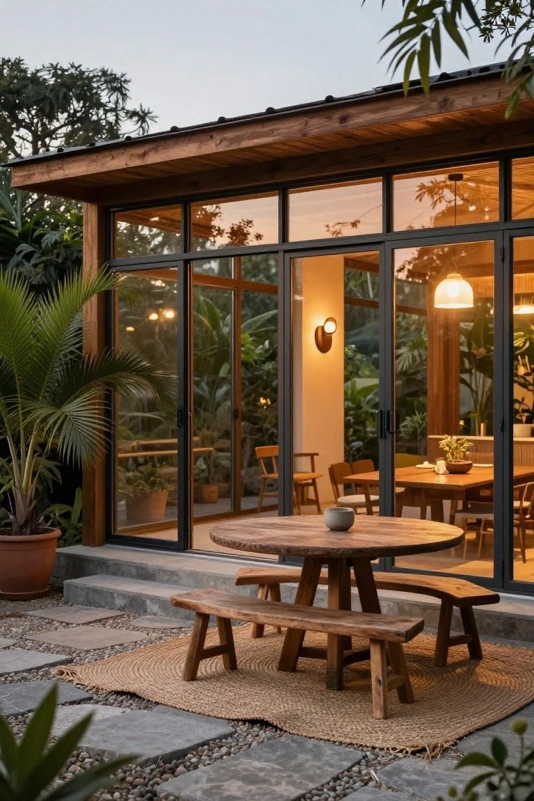 Outdoor wooden round table with benches on pebbled patio in front of large glass sliding doors opening to indoor dining area with wooden table and chairs, surrounded by potted palms and tropical plants.