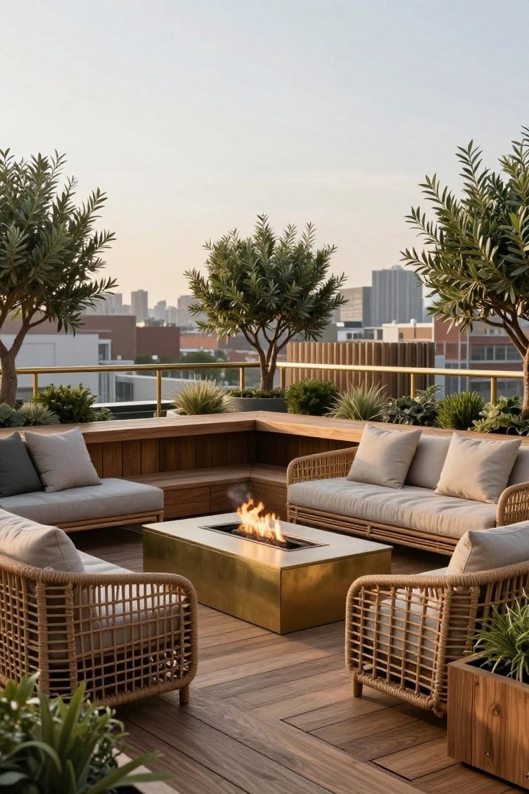Rooftop terrace with L-shaped wooden benches, beige rattan chairs and sofa arranged around a rectangular brass fire pit table on a wood deck, surrounded by potted olive trees, agave plants, and city buildings in the background at dusk.