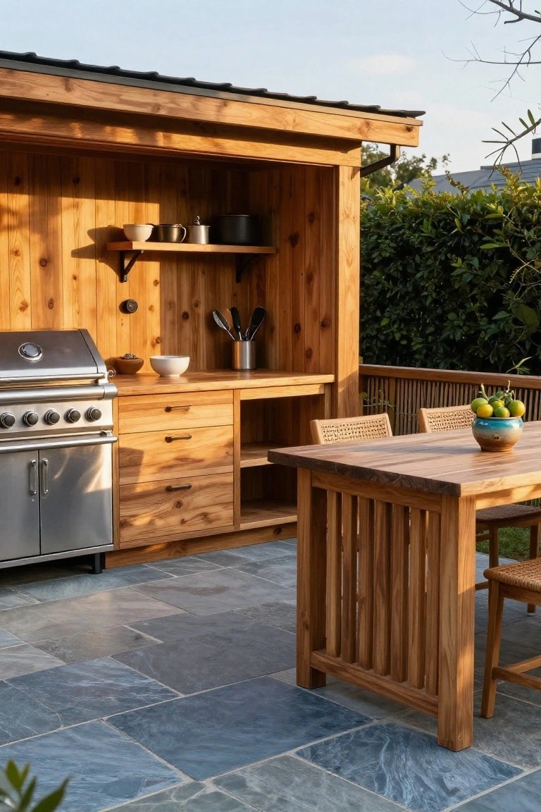Wooden pavilion enclosing an outdoor kitchen with stainless steel grill, wooden cabinets and shelves holding cookware, and an adjacent wooden table with wicker chairs on slate tile patio surrounded by hedges.