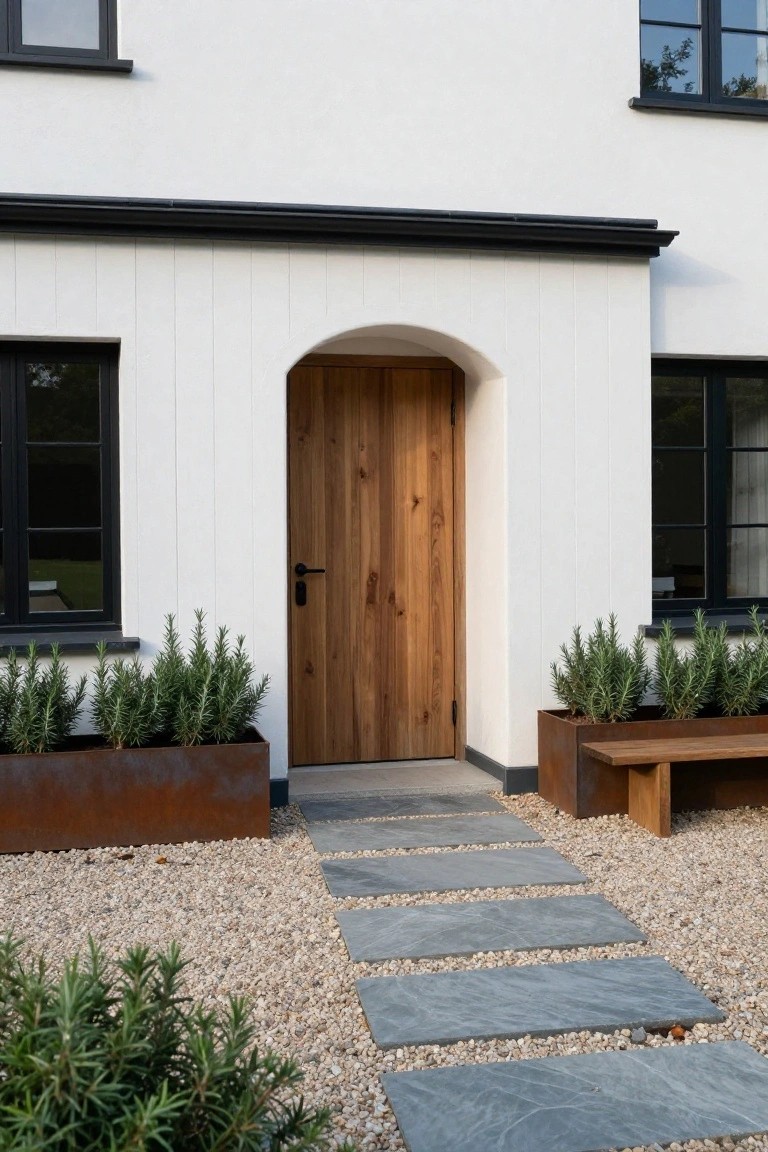White stucco house exterior with arched wooden entry door, black-framed windows, rosemary plants in rusted metal planters, wooden bench, and slate path on gravel ground.