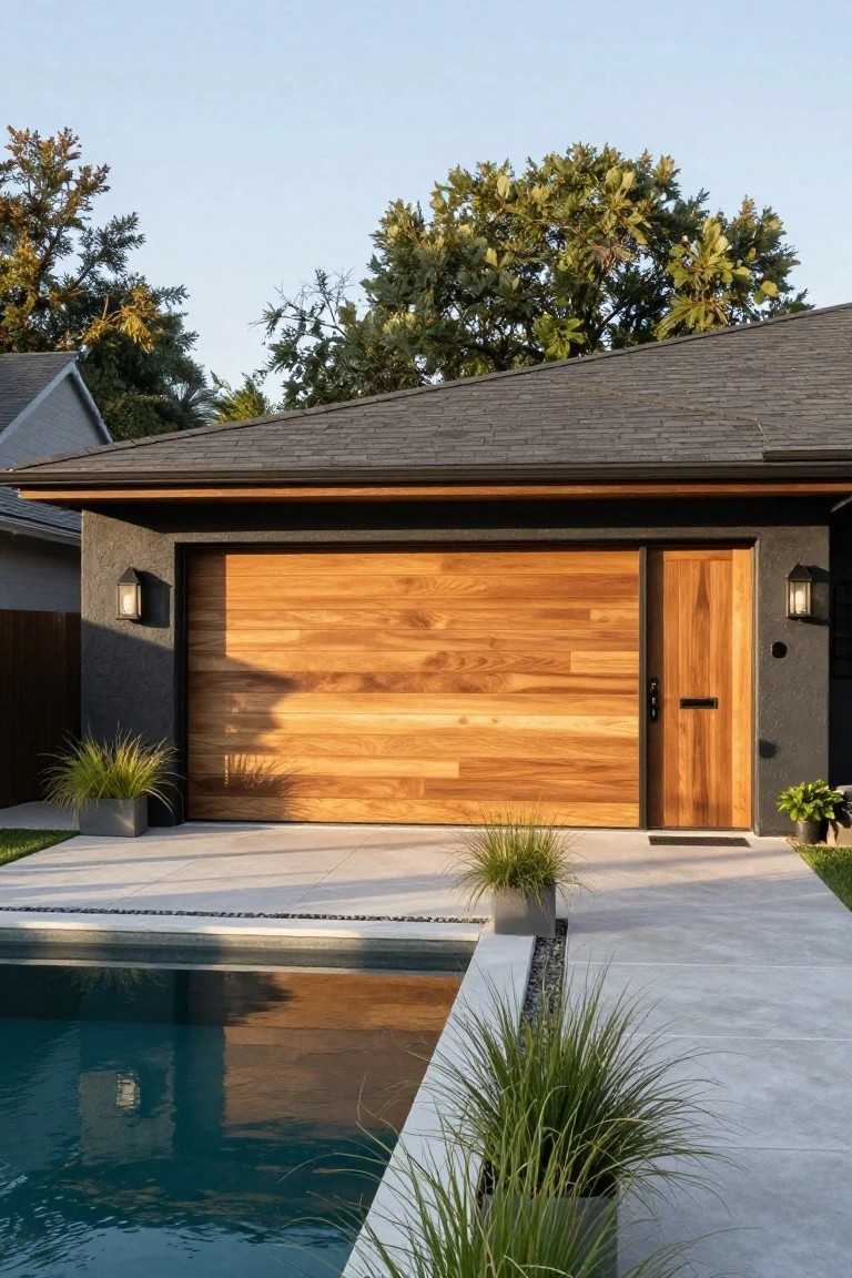 Modern house exterior with a large garage door of horizontal warm wood planks, adjacent wooden entry door, dark stucco walls, wall lights, potted grasses, concrete path, and turquoise pool edge.