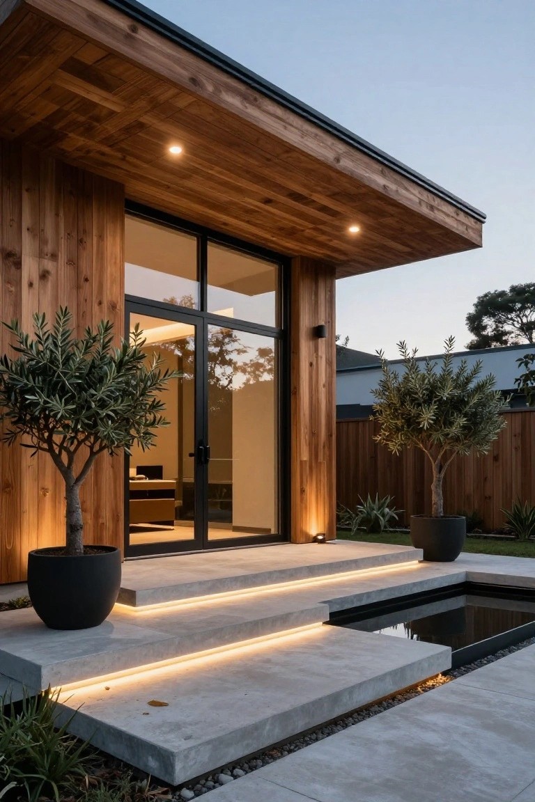 Contemporary cedar wood-clad house exterior with black-framed sliding glass doors under an overhanging roof, flanked by large potted olive trees, illuminated concrete steps, and a narrow black reflecting pool.