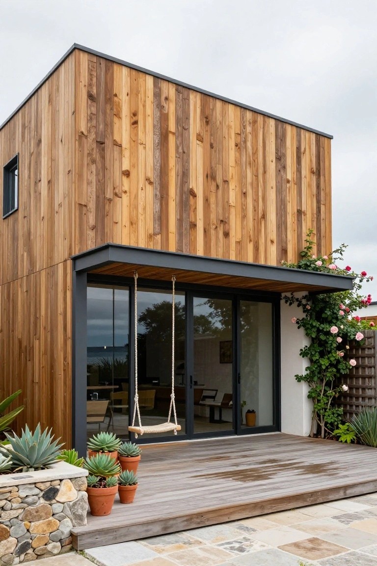 Modern two-story house exterior featuring vertical brown timber cladding, black metal-framed sliding glass doors under a cantilevered roof with a hanging porch swing, wooden deck, potted succulents, and climbing roses nearby.