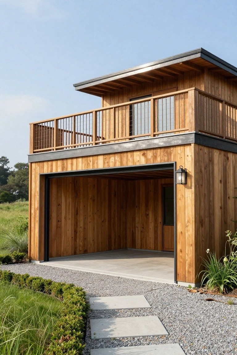 Two-story wooden garage structure featuring an open garage bay on the lower level, a second-story balcony with railing, black metal roof edge, gravel pathway, and surrounding low plants and grass.