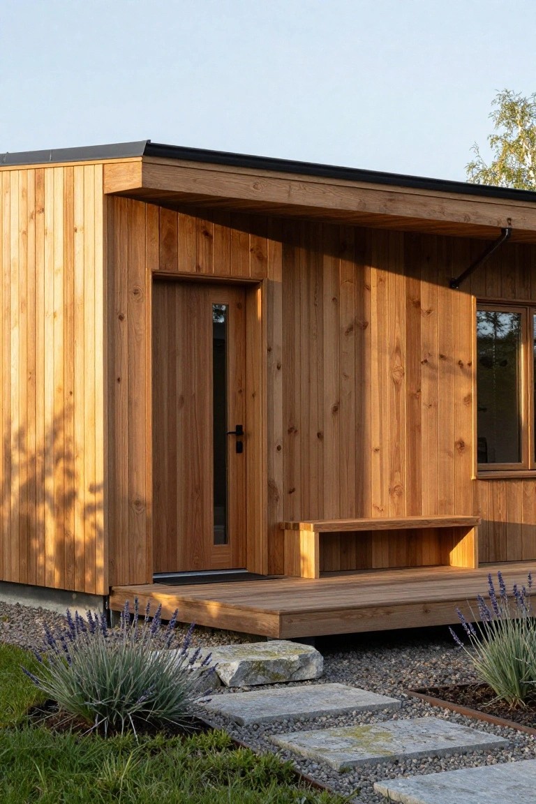 Timber-clad cabin exterior with vertical wood siding, front door with glass panel, small window, built-in wooden bench on elevated deck, stone pathway, lavender plants, and gravel edging in a garden setting.