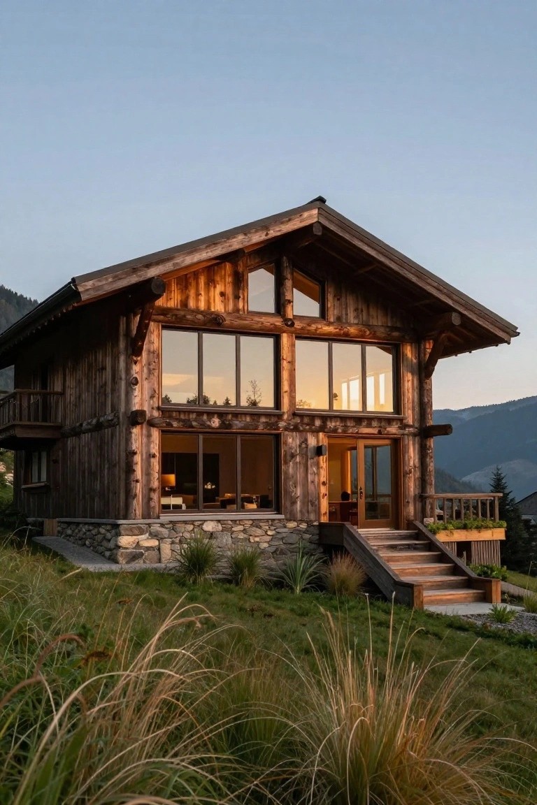 A two-story chalet-style house with dark wood cladding, large glass windows, a stone foundation, balcony, and wooden stairs to the entrance, situated on a grassy slope amid mountains at dusk.