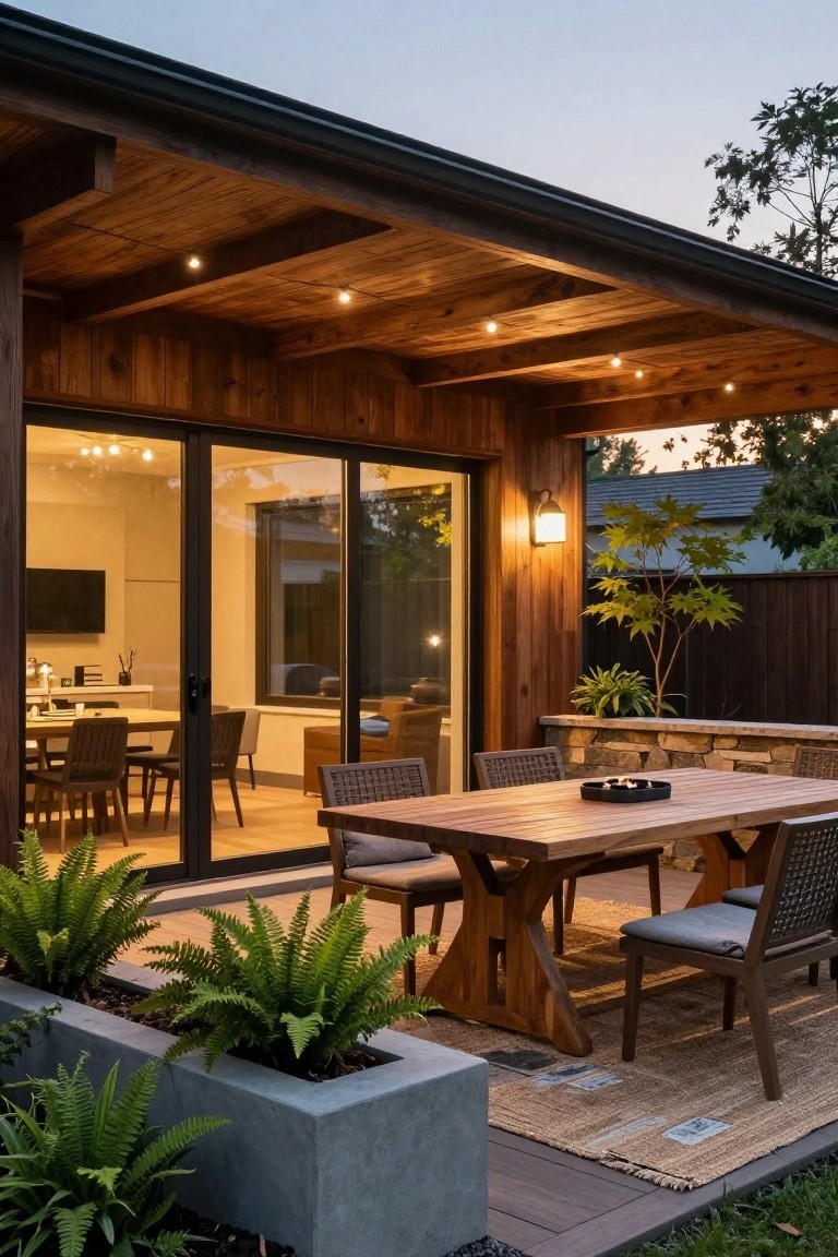Wooden covered patio at dusk with rectangular dining table, cushioned woven chairs, black fire bowl centerpiece, potted ferns in concrete planters, stone wall, glass sliding doors to indoor kitchen, and string lights overhead.