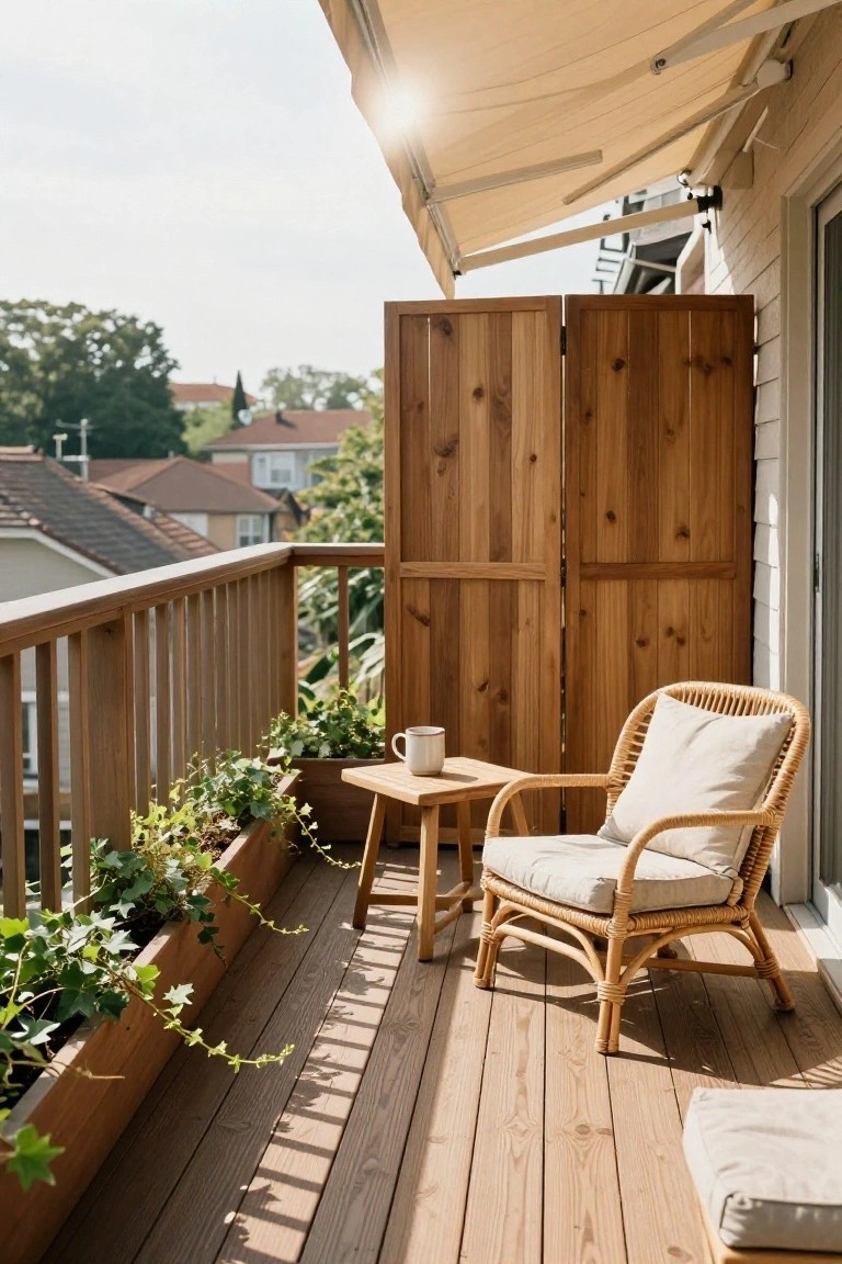 Wooden balcony deck with rattan armchair and side table holding a coffee mug, folding wooden privacy screens, ivy-filled planter box along the railing, beige awning overhead, and view of rooftops and trees.