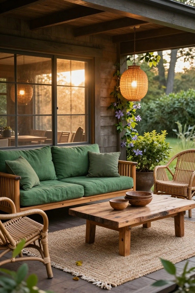Covered wooden porch deck with green linen sofa, two rattan armchairs, wooden low table holding bowls, potted plants, hanging lantern, and large windows showing indoor dining area.