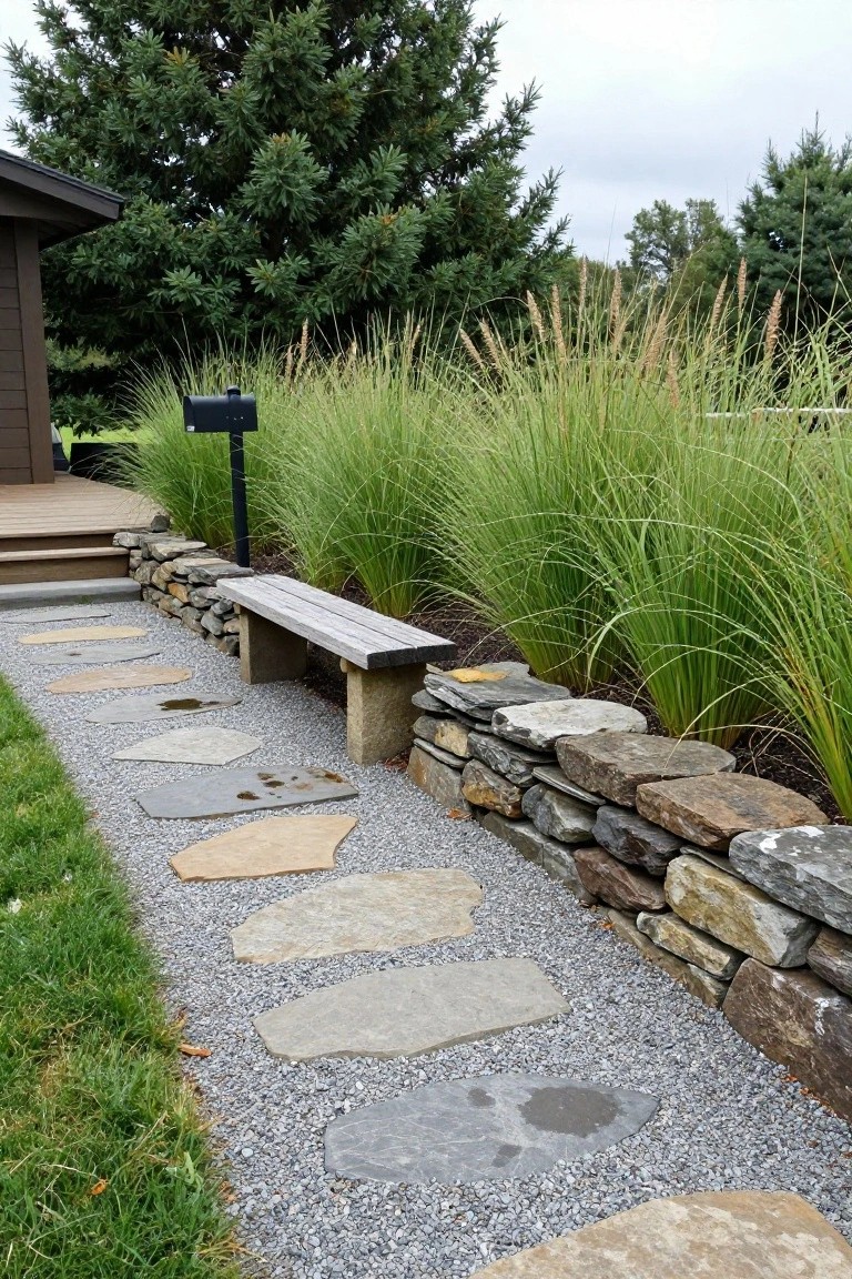 Gravel pathway with irregular flat stepping stones leading past a wooden bench against a dry-stacked stone retaining wall lined with tall ornamental grasses next to a cabin deck.