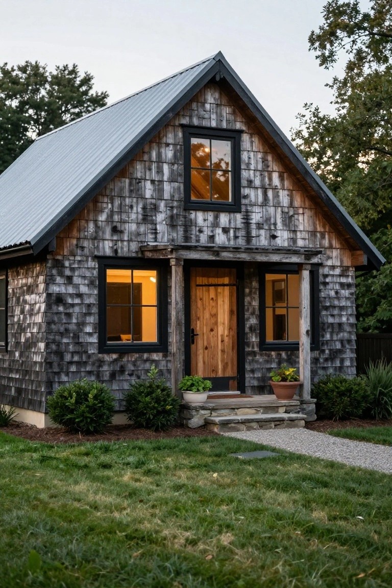 Small cabin with dark weathered shingle siding, black-framed windows, wooden front door on a porch, metal roof, stone steps, potted plants, shrubs, grass lawn, and trees at dusk.