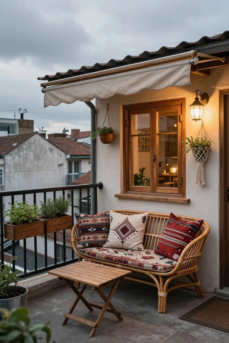 Balcony setup with extended beige canvas awning on wooden roller, rattan bench with patterned cushions, wooden folding table, wooden planters with herbs, hanging plants, wooden window and door, and rooftop views under cloudy sky.