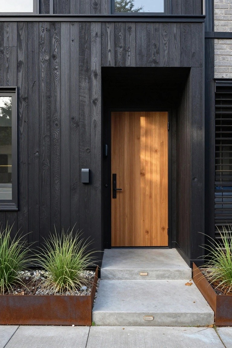 House exterior featuring black vertical wood cladding forming a recessed entry canopy over a light wood front door, flanked by concrete steps, metal-edged planters with grasses, and a sidewalk.