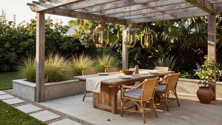 Wooden pergola with open slats over a long rectangular dining table set with plates and glasses, rattan armchairs, and gold pendant lights, on a stone patio amid pampas grass and potted plants with greenery beyond.