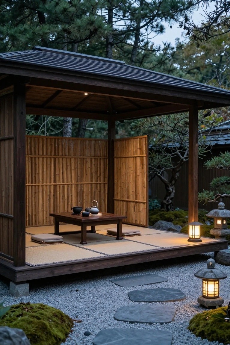 Wooden pavilion with slanted roof and partial bamboo screens enclosing a raised platform, low table with teapot and cups on tatami mats, stone lanterns, gravel garden with moss and stepping stones, surrounded by pine trees at dusk.