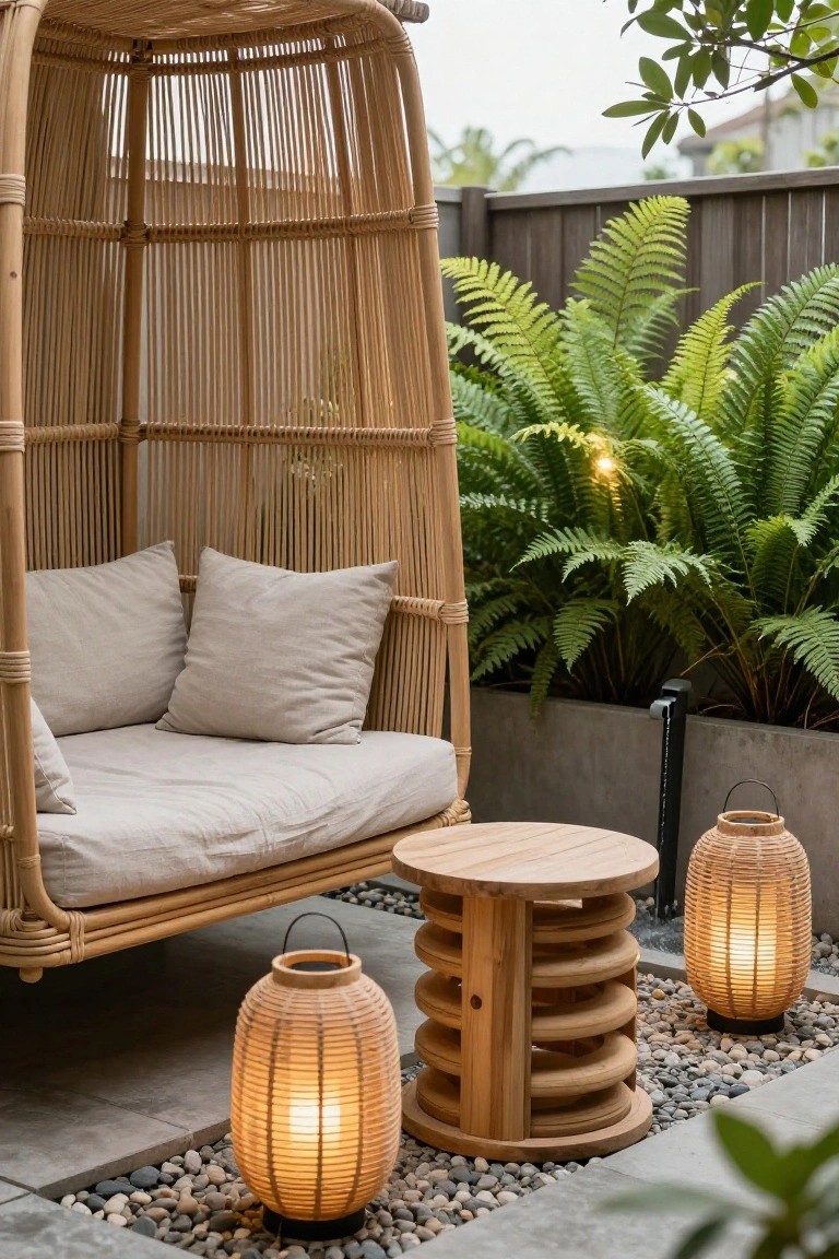 Hanging rattan canopy swing with beige cushions and wooden stool table on a pebbled patio surrounded by ferns and lit by woven lanterns.