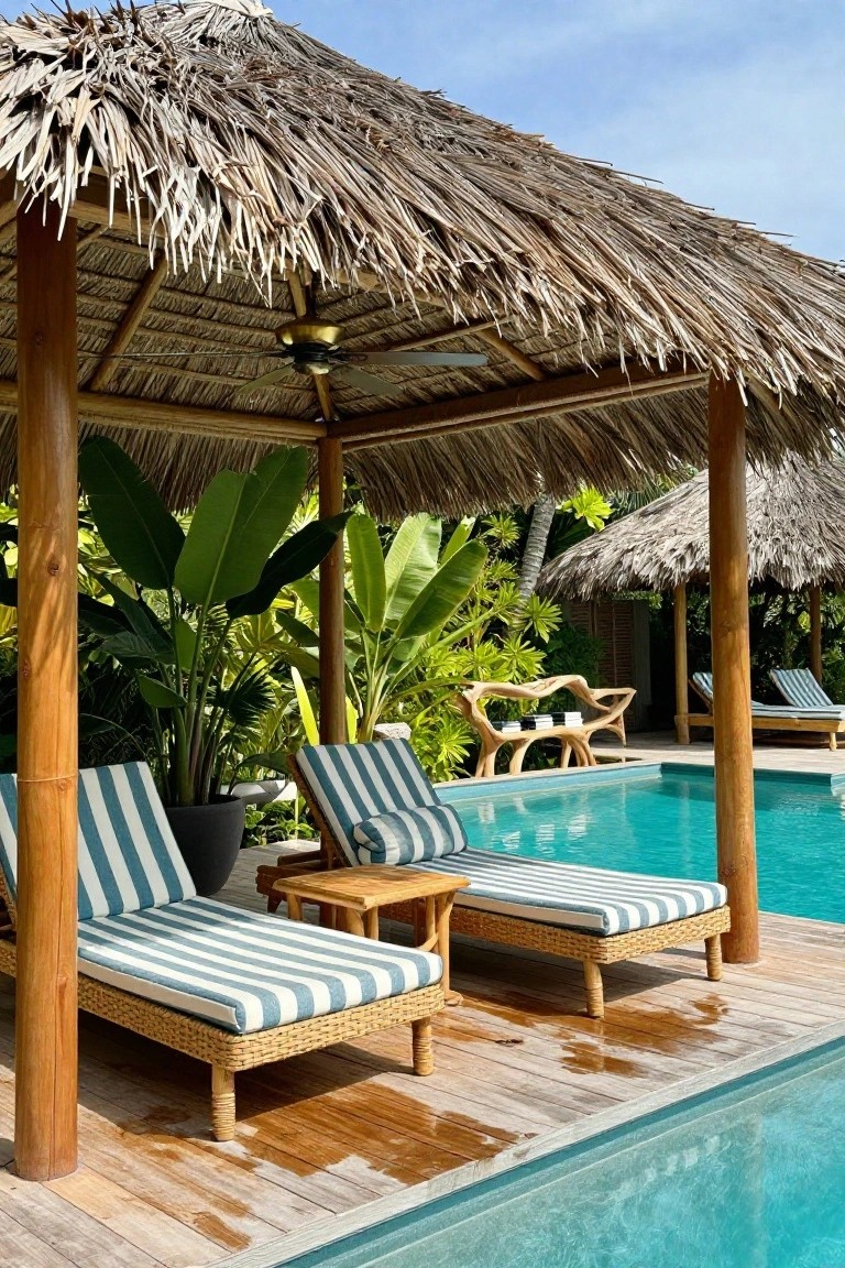 Wooden pavilion with thatched roof and ceiling fan over striped loungers on a deck beside a pool, with tropical plants and additional loungers nearby.