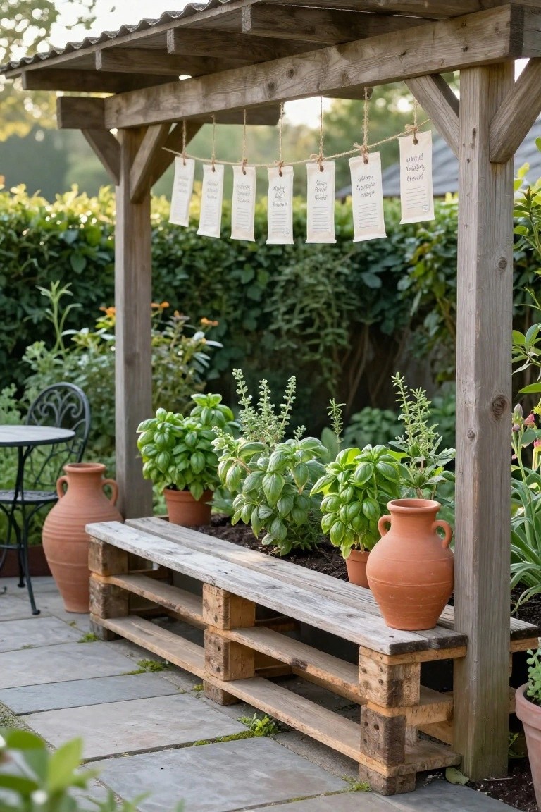 Wooden pergola with hanging white fabric tags over a pallet bench planter holding basil plants, terracotta pots on either side, and a metal bistro table and chair on a stone patio surrounded by greenery.
