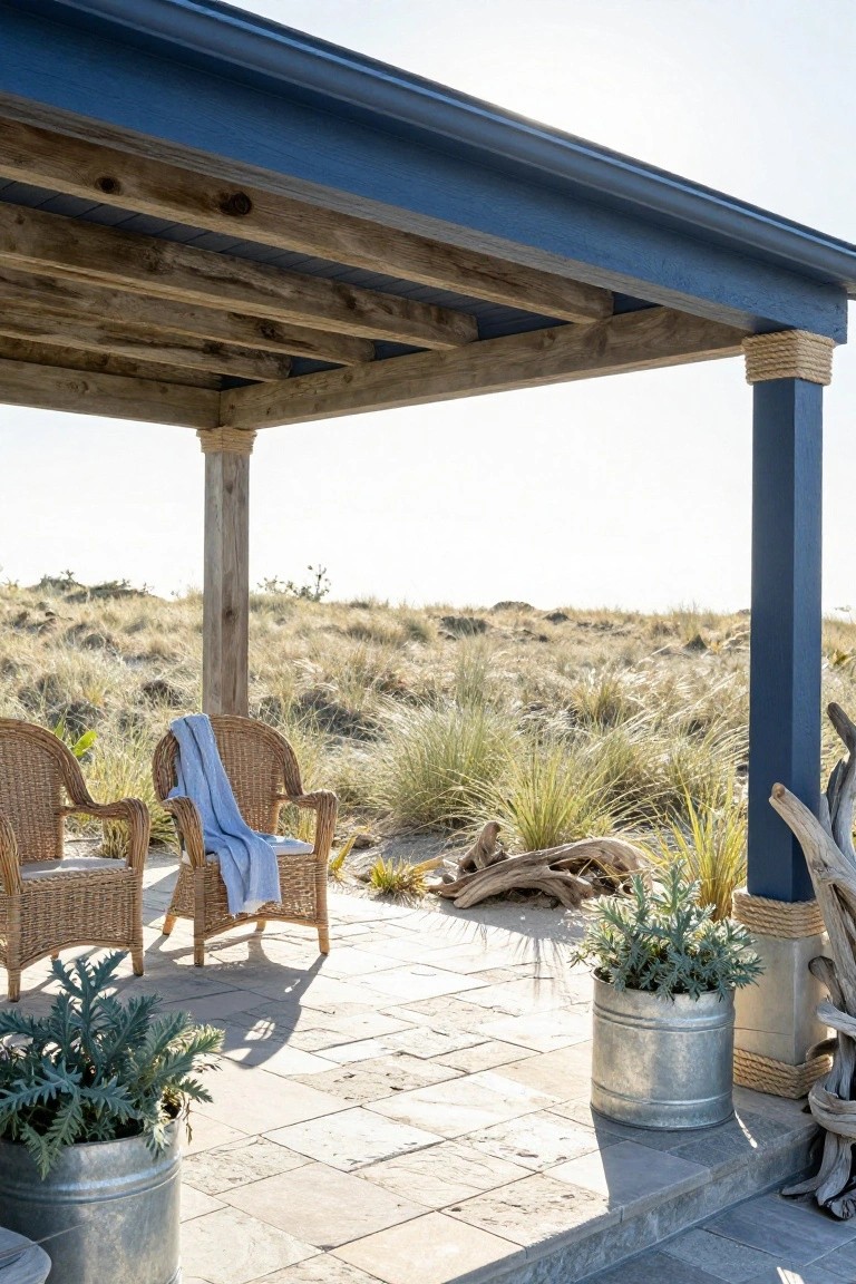 Wooden pergola with exposed beams and blue trim shades two wicker chairs with blue blanket on stone paver patio amid beach dunes, grasses, potted plants, and driftwood.