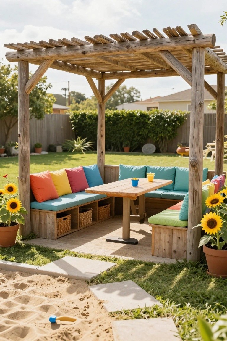 Rustic wooden pergola enclosing built-in benches with colorful cushions around a central wooden table, storage cubbies with wicker baskets, potted sunflowers nearby, and a sand play area adjacent to the grass in a backyard.