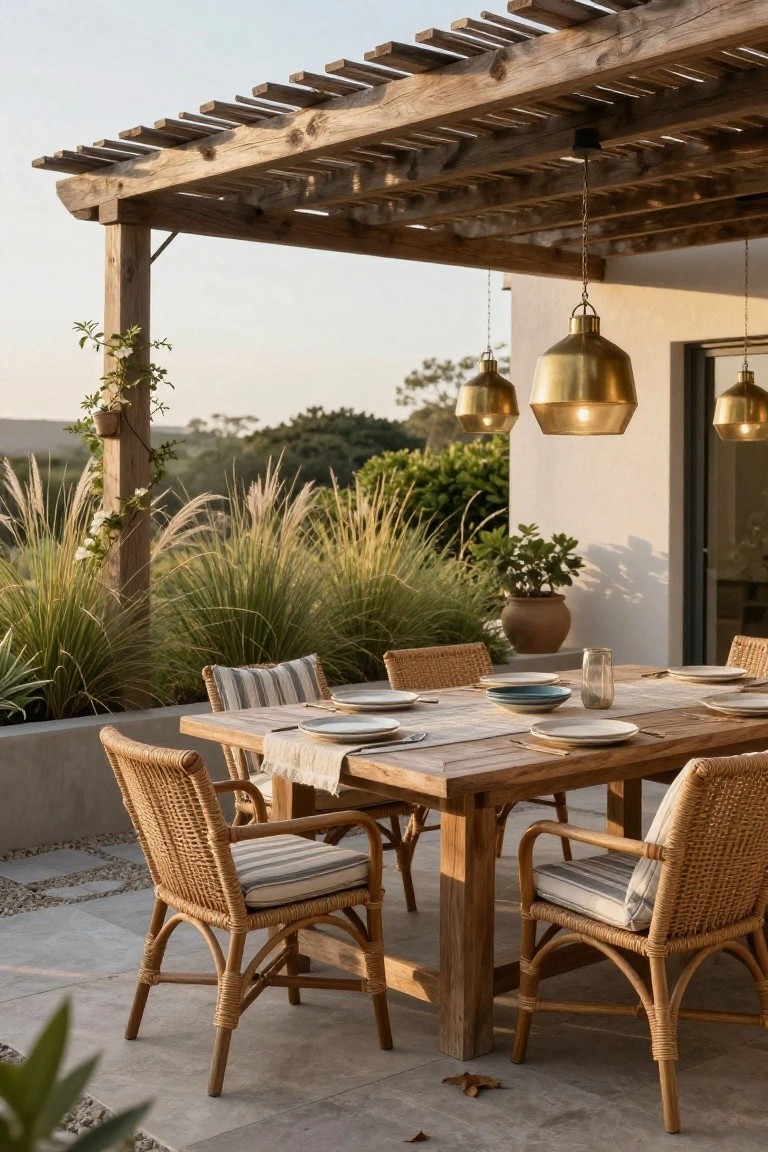 Wooden pergola with open slats over a long rectangular dining table set with plates and glasses, rattan armchairs, and gold pendant lights, on a stone patio amid pampas grass and potted plants with greenery beyond.