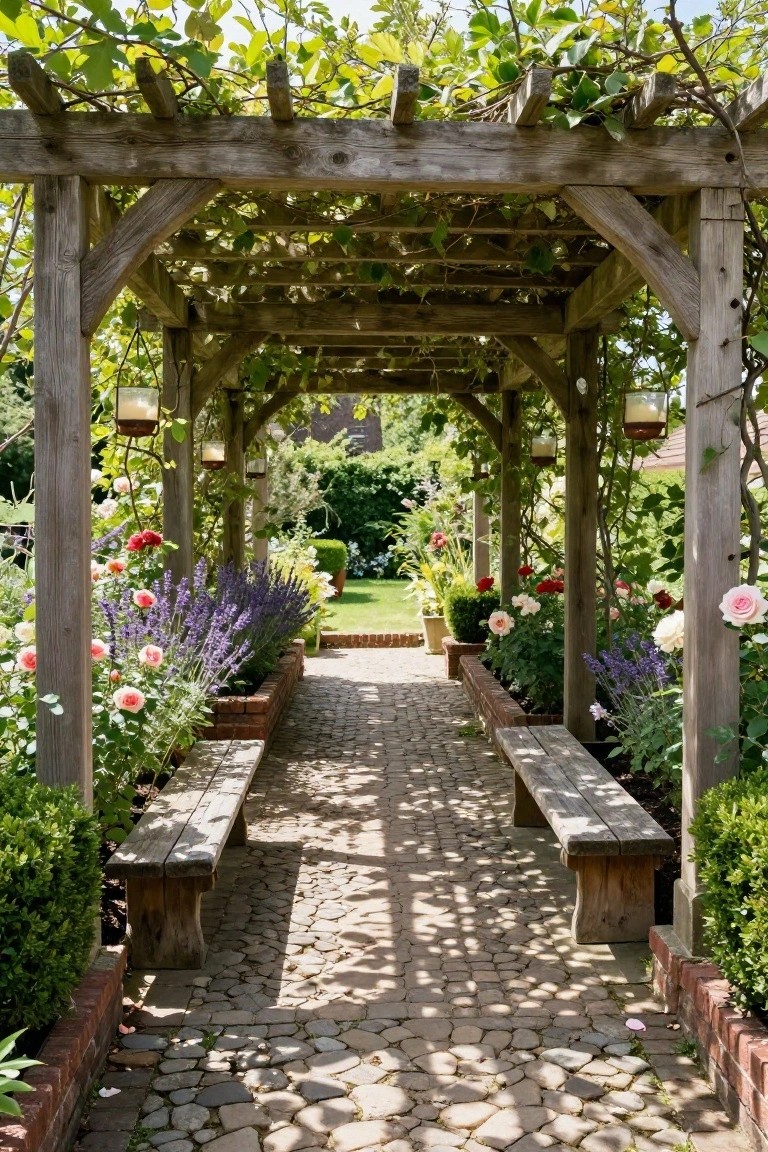 Rustic wooden pergola covered in green vines arches over a pebbled stone path with wooden benches on both sides, flanked by flower beds and lavender plants.