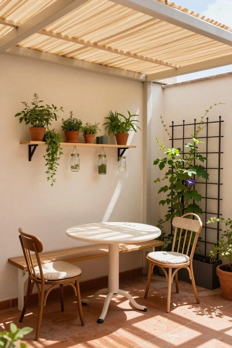Outdoor patio under a slatted reed canopy with a round white table, two wooden chairs with cushions, a bench, potted plants on shelves, hanging jars of herbs, climbing vines on a black trellis, white walls, and terracotta floor.
