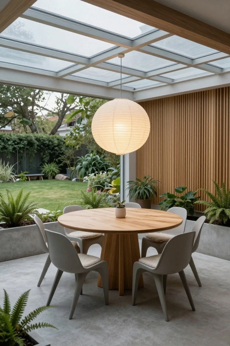 Outdoor patio dining area under a wooden-framed glass roof canopy, featuring a round wooden table, gray cushioned chairs, slatted wood accent wall, potted plants, and garden view beyond.