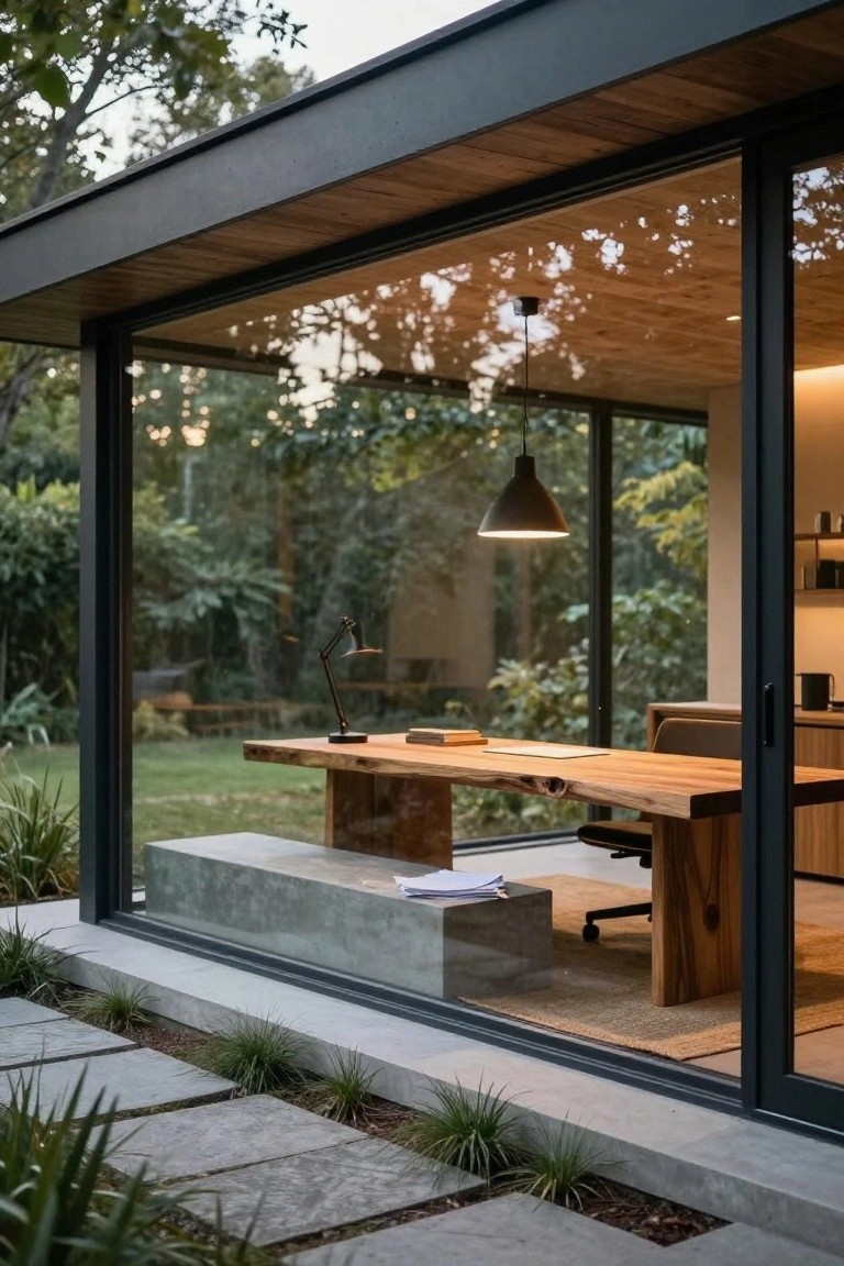 Glass-walled pavilion office with wooden roof, live-edge desk, office chair, pendant lamp, desk lamp, and concrete bench, surrounded by garden greenery and stone pavers.