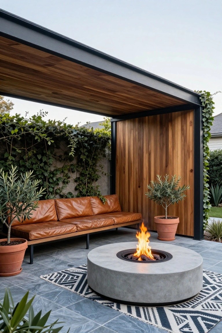 Outdoor lounge under a black steel-framed wood canopy with tan leather sofa, round concrete gas fire pit with flames, potted olive trees, ivy on walls, terracotta pots, patterned rug on blue tiled patio.