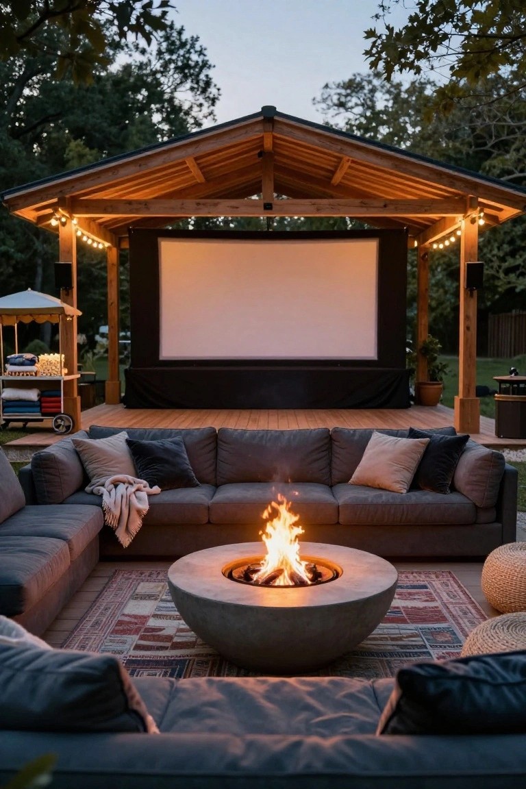 Backyard deck featuring a wooden canopy over a large projector screen, with an L-shaped gray sectional sofa arranged around a concrete fire pit table, string lights, potted plants, and a wheeled serving cart nearby.