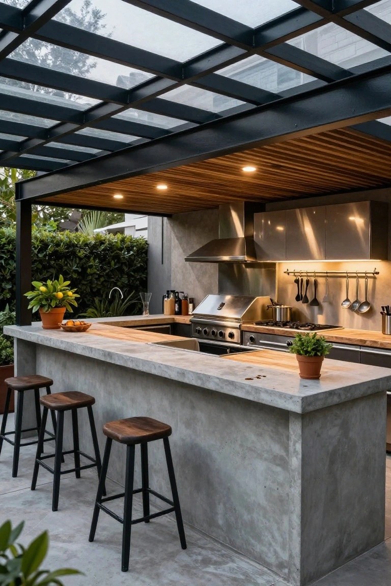 Outdoor kitchen bar with concrete countertop, wooden stools, stainless steel grill and range under black metal pergola with glass roof and wooden ceiling panels amid greenery.