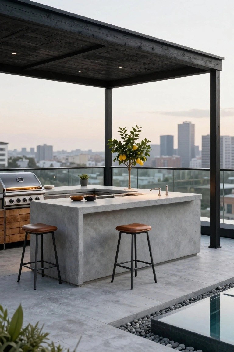 Rooftop terrace outdoor kitchen with stainless steel grill, concrete island countertop, two leather bar stools, potted lemon tree, glass balustrade, black timber canopy structure, and infinity pool edge with city skyline in background at dusk.
