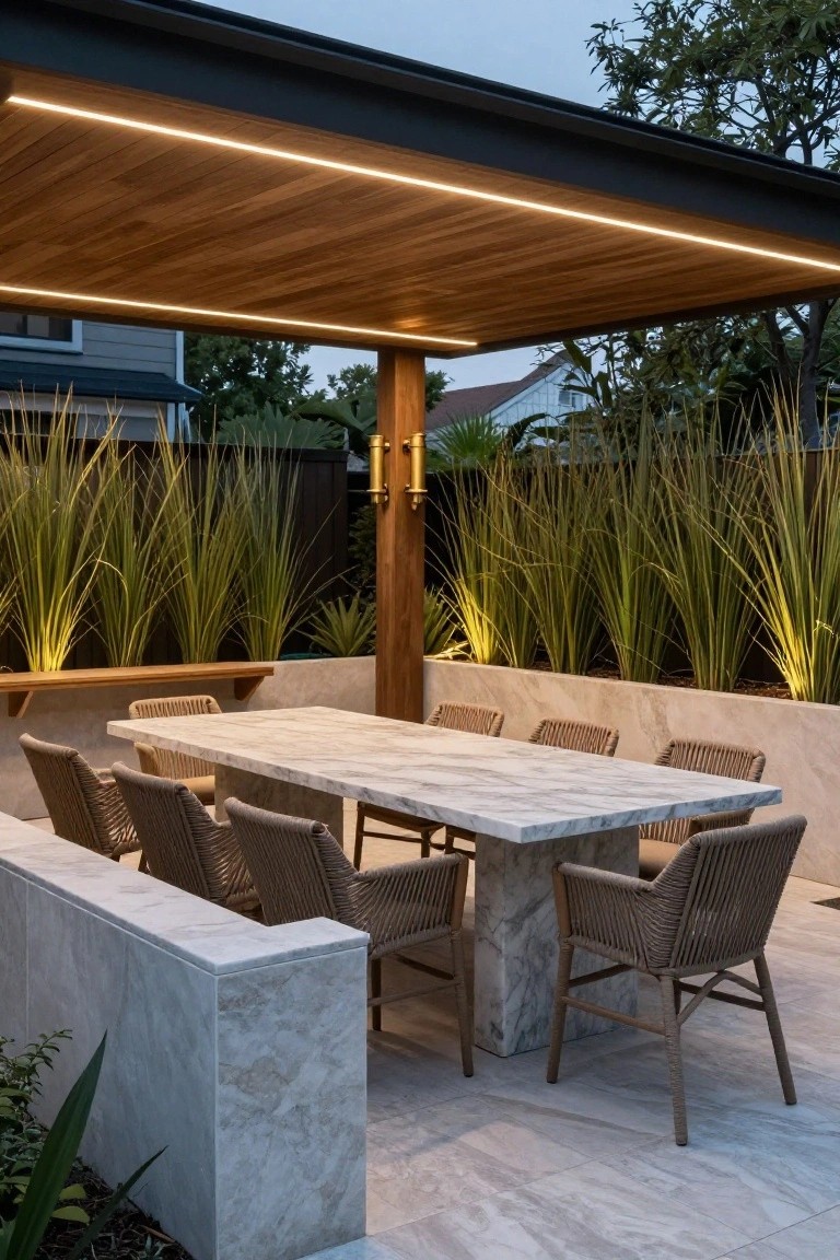 Outdoor dining setup under a wooden canopy with integrated linear LED lighting along the beams, white marble table, rattan chairs, stone walls, and tall grasses nearby.