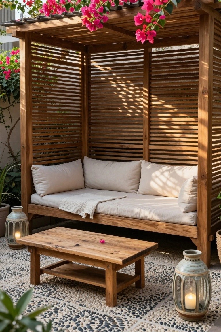 Wooden slatted canopy enclosing a cushioned bench and low wooden coffee table on a pebbled stone patio, with hanging bougainvillea flowers, potted plants, and lanterns nearby.