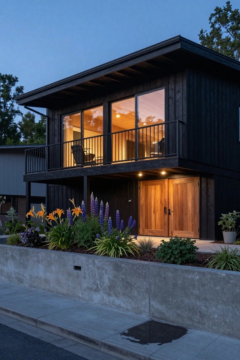 Two-story modern house with black vertical cedar siding, upper balcony with large glass windows and black railing, double wooden entry doors, landscaped flower beds, and concrete retaining wall along a sidewalk at dusk.