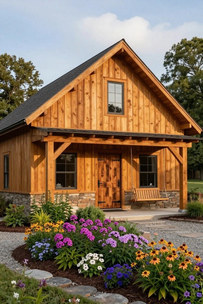 A small gabled cabin with golden cedar vertical siding, black asphalt shingle roof, timber-framed covered porch with wooden swing, stone foundation, and colorful flower beds along a gravel path.